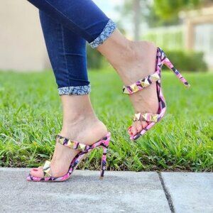 Women's Pink Studded High Heel Square Open Toe Shoes